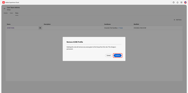 The confirm dialog to remove a role with the Confirm option highlighted.