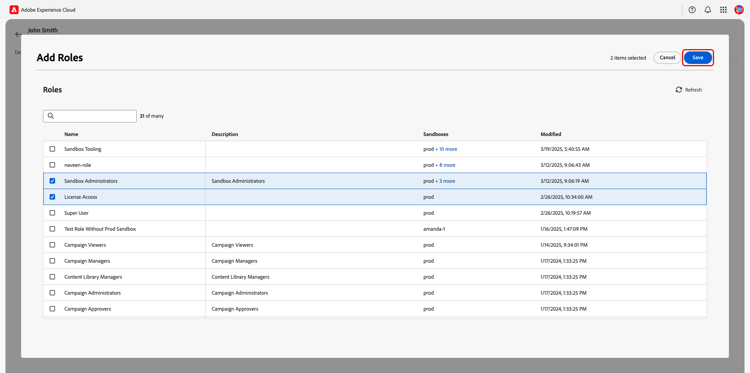 The Add Roles dialog with roles selected and the save option highlighted.