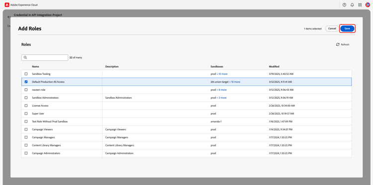 The Add Roles dialog with roles selected and the save option highlighted.