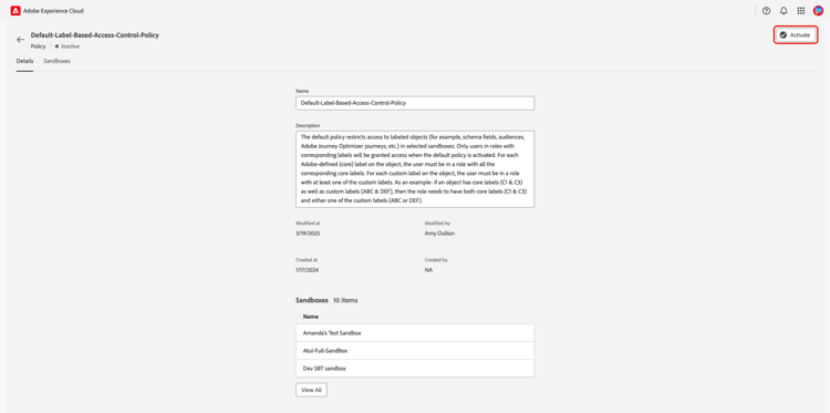 The policy's detail workspace with the Activate option highlighted.