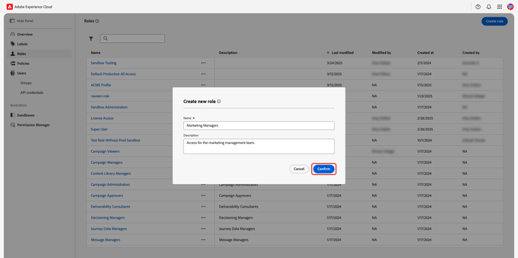 The Create new roles dialog with the Name and Description filled in and the Confirm option highlighted.