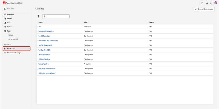 The Sandboxes workspaces within Permissions.