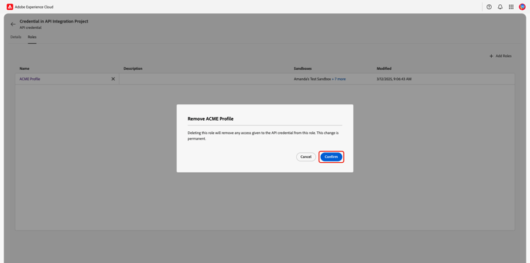 The confirm dialog to remove a role with the Confirm option highlighted.