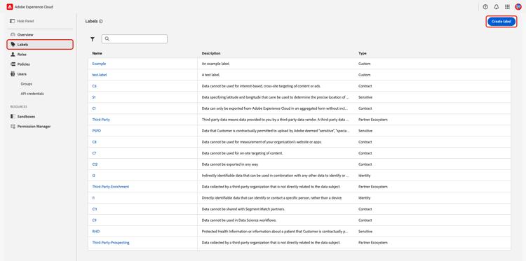 The labels workspace with the Create label option highlighted.