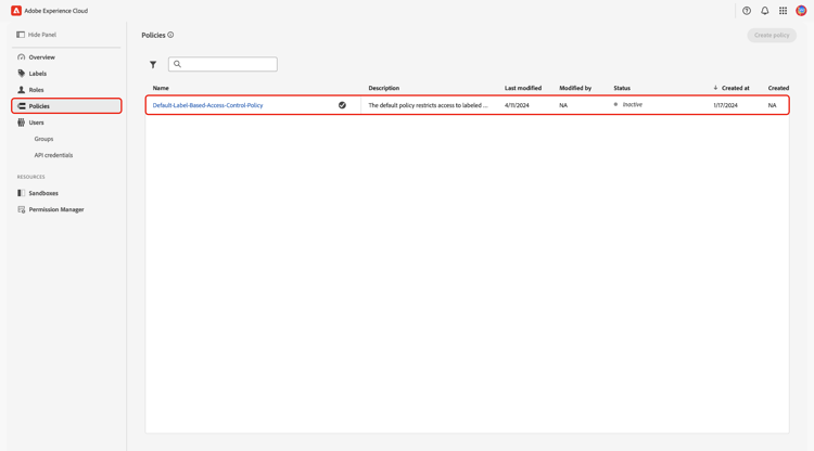 The policies workspace showing a list of existing policies.