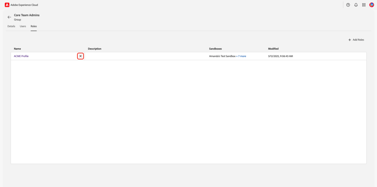 A user group's Roles workspace with a role's remove option highlighted.