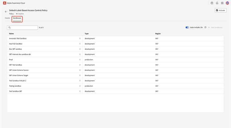 The policy's sandbox workspace showing a list of associated sandboxes.
