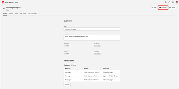 An individual role's workspace with the Duplicate option highlighted.