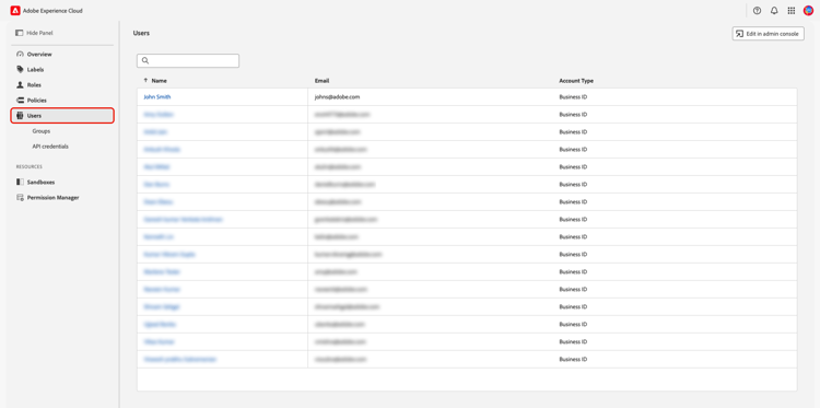 The Users workspace within Permissions.