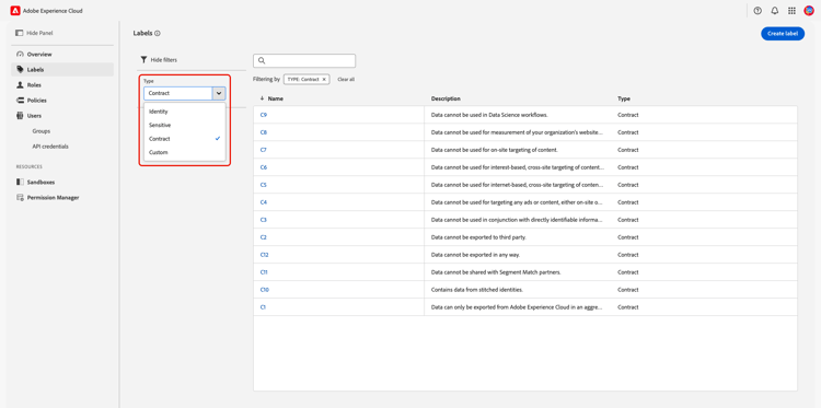 The labels workspace with the filter option expanded and the type drowndown list highlighted.