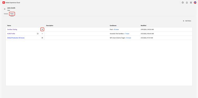 A user's Roles workspace with a role's remove option highlighted.