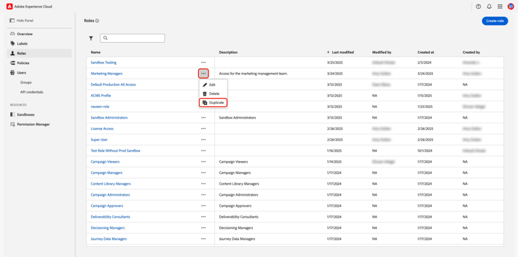 The Roles workspace with a role's dropdown menu expanded and the Duplicate option highlighted.