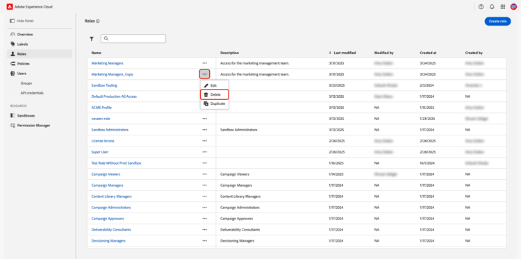 The Roles workspace with a role's dropdown menu expanded and the Duplicate option highlighted.