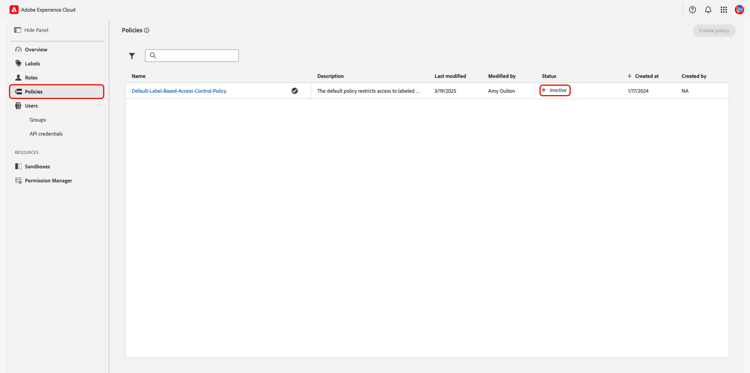 The policies workspace with a policy's status highlighted.