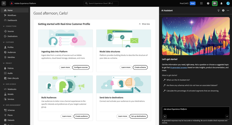 The Experience Platform home page, with the AI Assistant icon selected and the AI Assistant interface open.