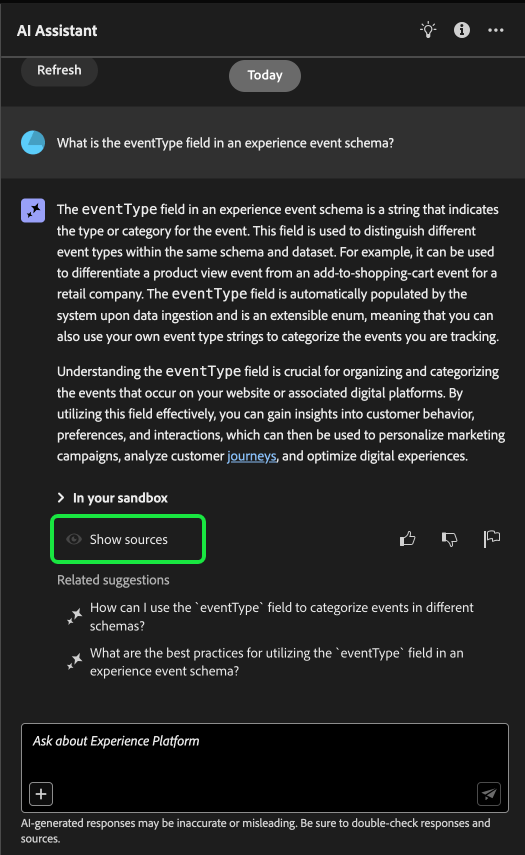 The AI Assistant response with "Show sources" selected.