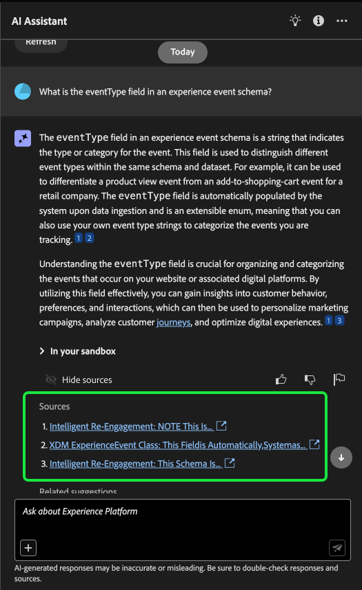 A dropdown menu of the citations that AI Assistant provides for concept questions.