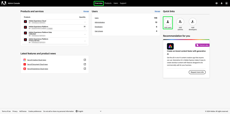 The Admin Console page with Add users highlighted.