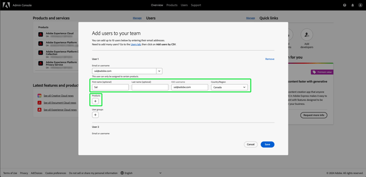 The three name and country fields are highlighted in the Add users dialog.