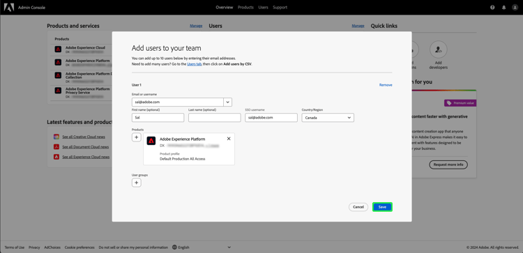 Add users to your team dialog with all the information filled in and Save selected.