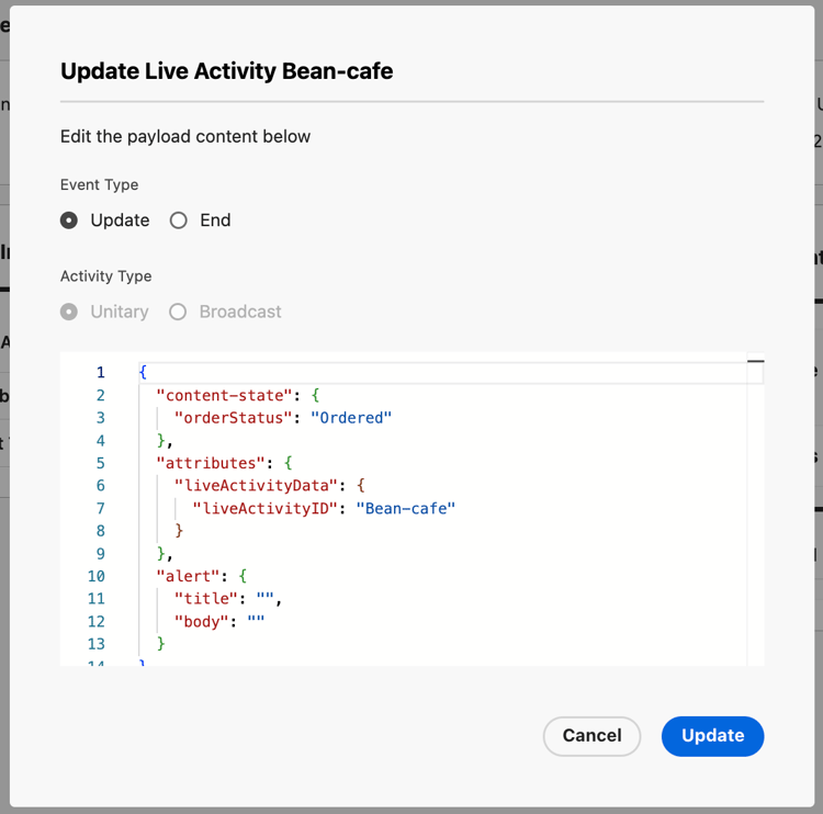 Send Update dialog for updating or ending a Live Activity