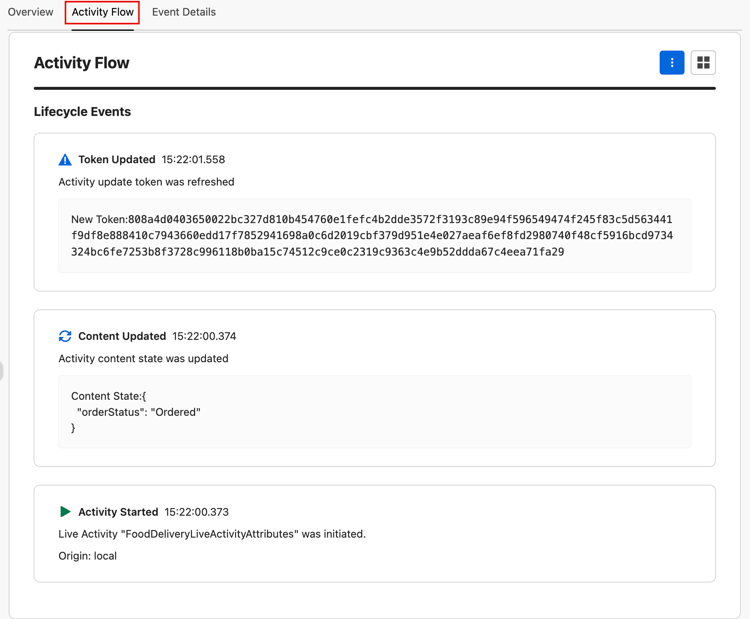 Activity Flow sub-tab showing the lifecycle timeline for a Live Activity