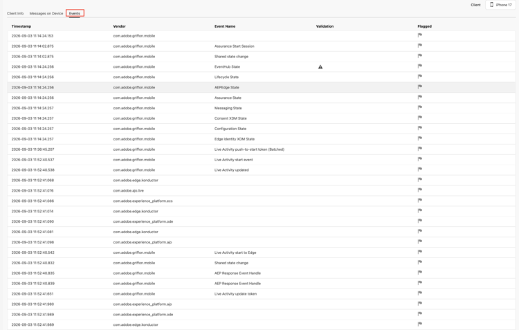 Events tab showing the stream of Assurance events for the selected client