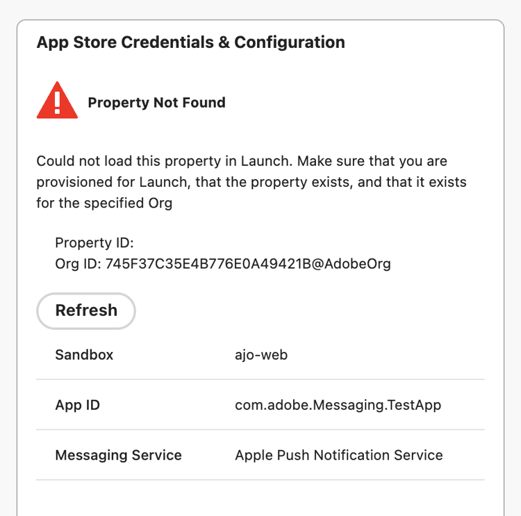 Example of a Property Not Found alert in the App Store Credentials & Configuration section