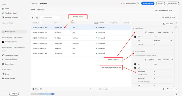 An image demonstrating different components in the Analytics Events View.