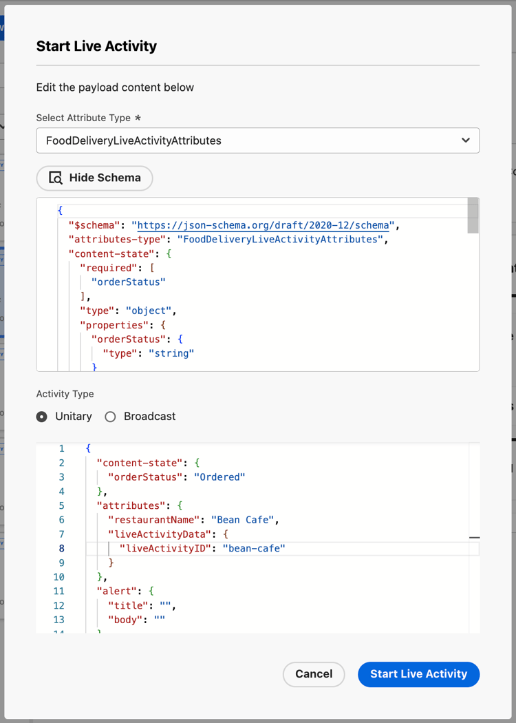 Start Live Activity dialog for a Unitary activity type