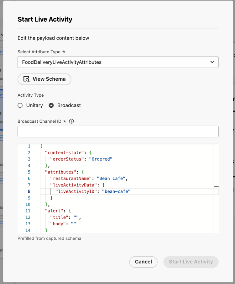 Start Live Activity dialog for a Broadcast activity type
