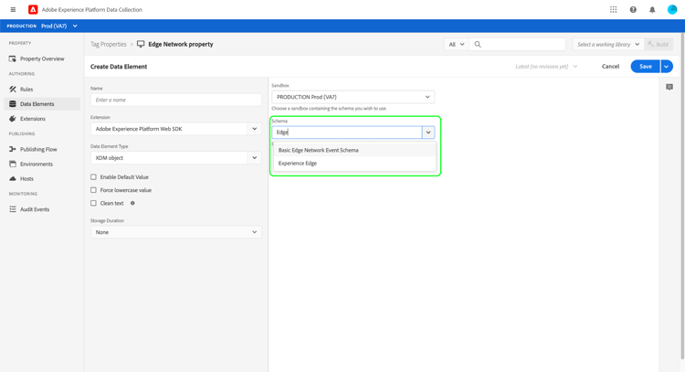 A list of schemas is shown. The schema that will be used to create the dataset is highlighted.