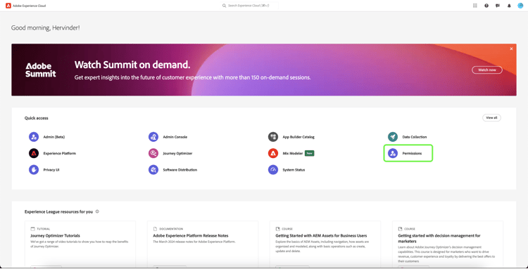 Adobe Experience Cloud highlighting the Permissions product.