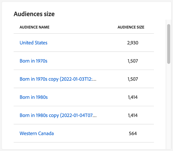 The Audiences size widget.