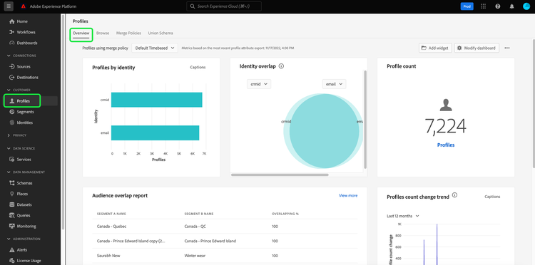 The Experience Platform Profiles dashboard with Profiles and Overview highlighted.