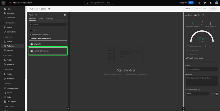 The Segment Builder with the Marketing Preferences folder highlighted.