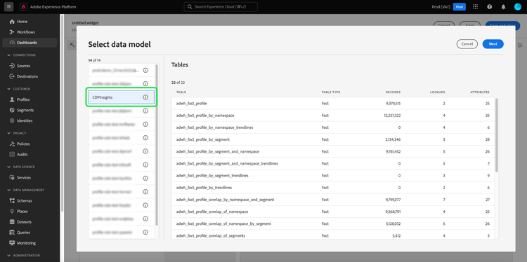 The Select data model dialog with the CDPInsights model highlighted.