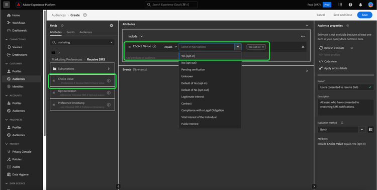 The Choice Value attribute with the Yes (opt-in) value highlighted in the segment builder. The name and description of the audience are also highlighted.