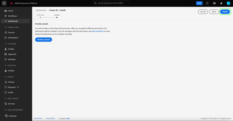 The provide consent display with the Finish button highlighted.