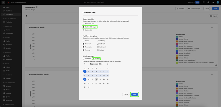 The create date filter dialog with the custom date range filter, custom, and save highlighted.