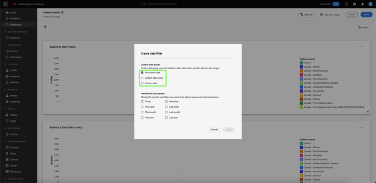 The create date filter dialog with the three custom date picker options highlighted.