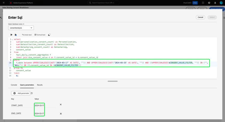 The Enter SQL dialog with the date parameters highlighted in the SQL.
