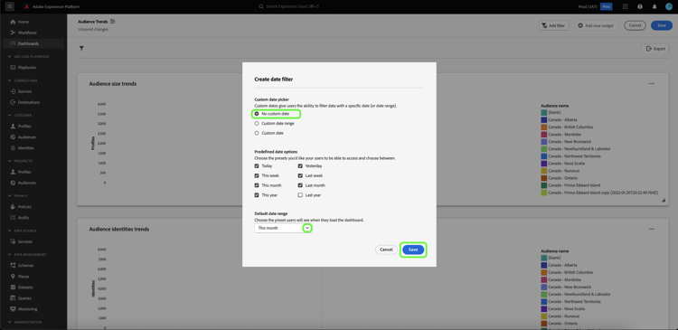 The create date filter dialog with the no custom date filter and save highlighted.