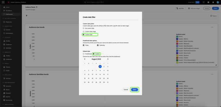 The create date filter dialog with the custom date filter, custom, and save highlighted.