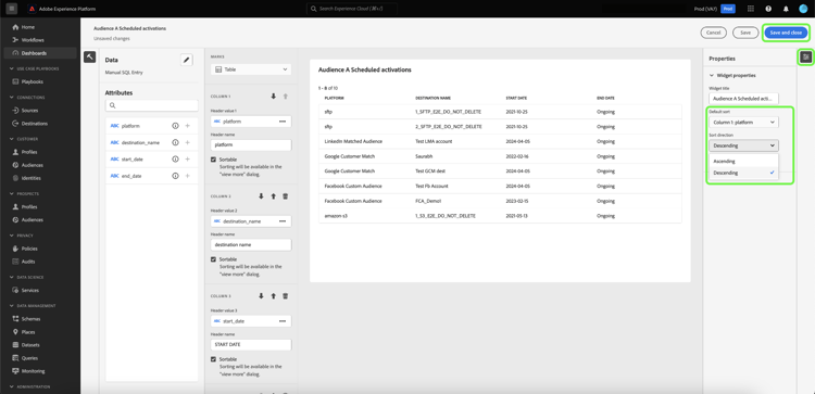 The widget composer with the properties icon, default sort, sort direction and save and close highlighted.