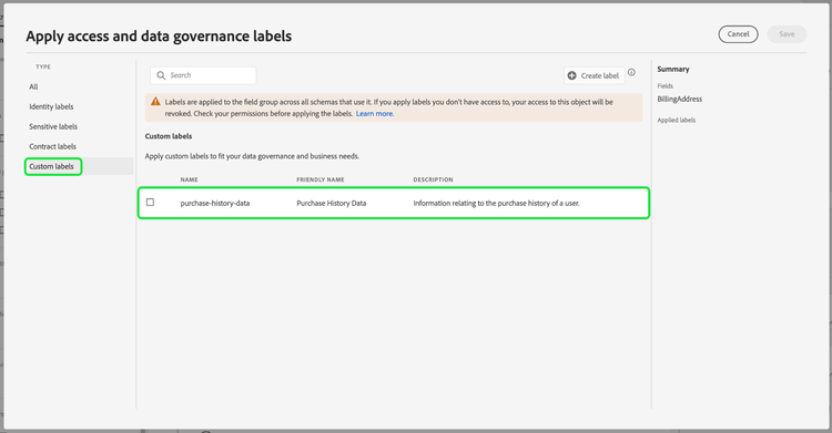 The Apply Access and Data Governance Labels dialog with the custom labels highlighted.