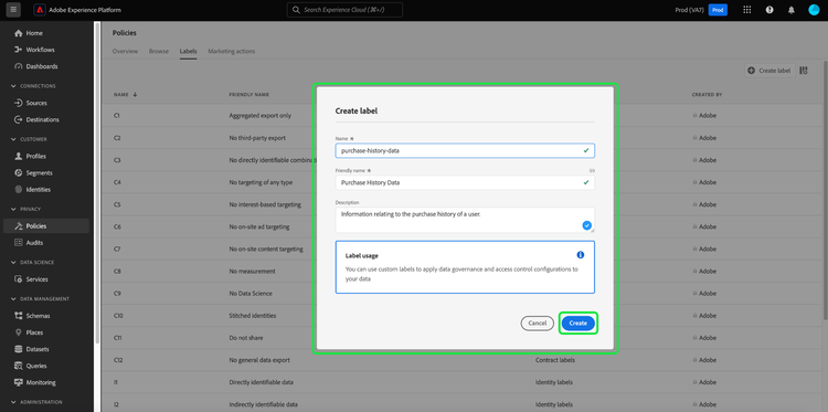 The Policies workspace Create label dialog with Create highlighted.