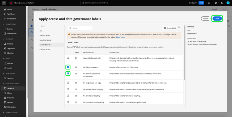 The Apply access and data governance labels dialog showing multiple labels being added to a schema field.
