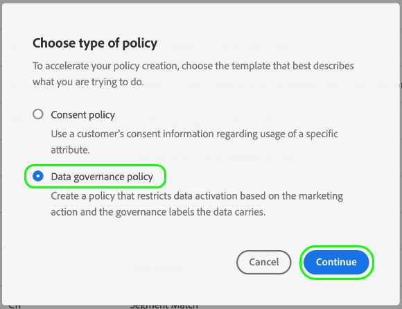 Image showing the Data governance policy option being selected