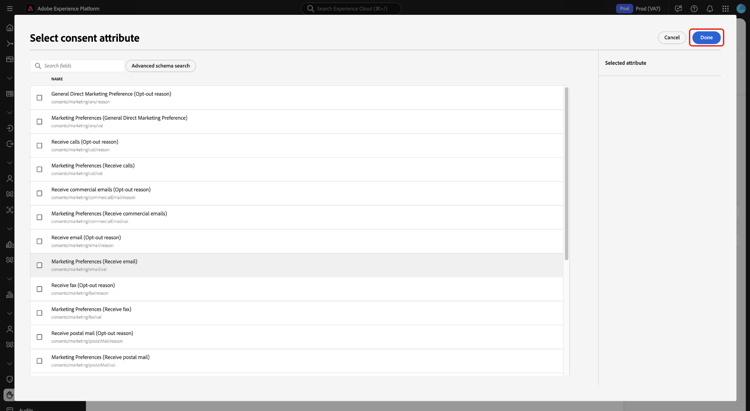 The Select consent attribute dialog with an attribute and done highlighted.